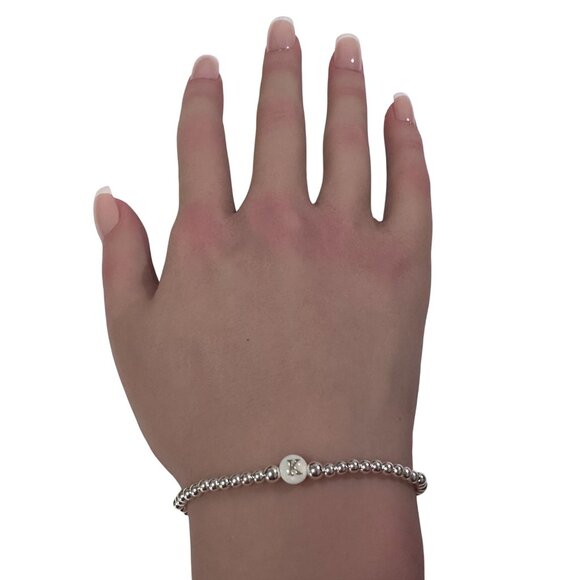 925 Sterling Silver Beaded Stretch Stacking Bracelet MOP Letter Initial K - Picture 6 of 6